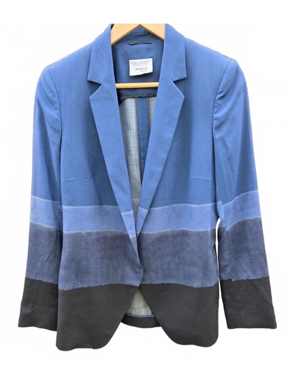 Akris Punto Blue Colorblock Horizontal Stripes Wool Ombre Blazer Jacket Size 8